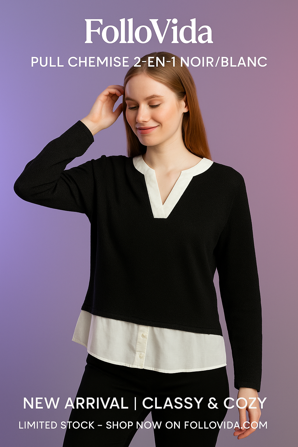 Pull Chemise 2-en-1 – Noir/Blanc