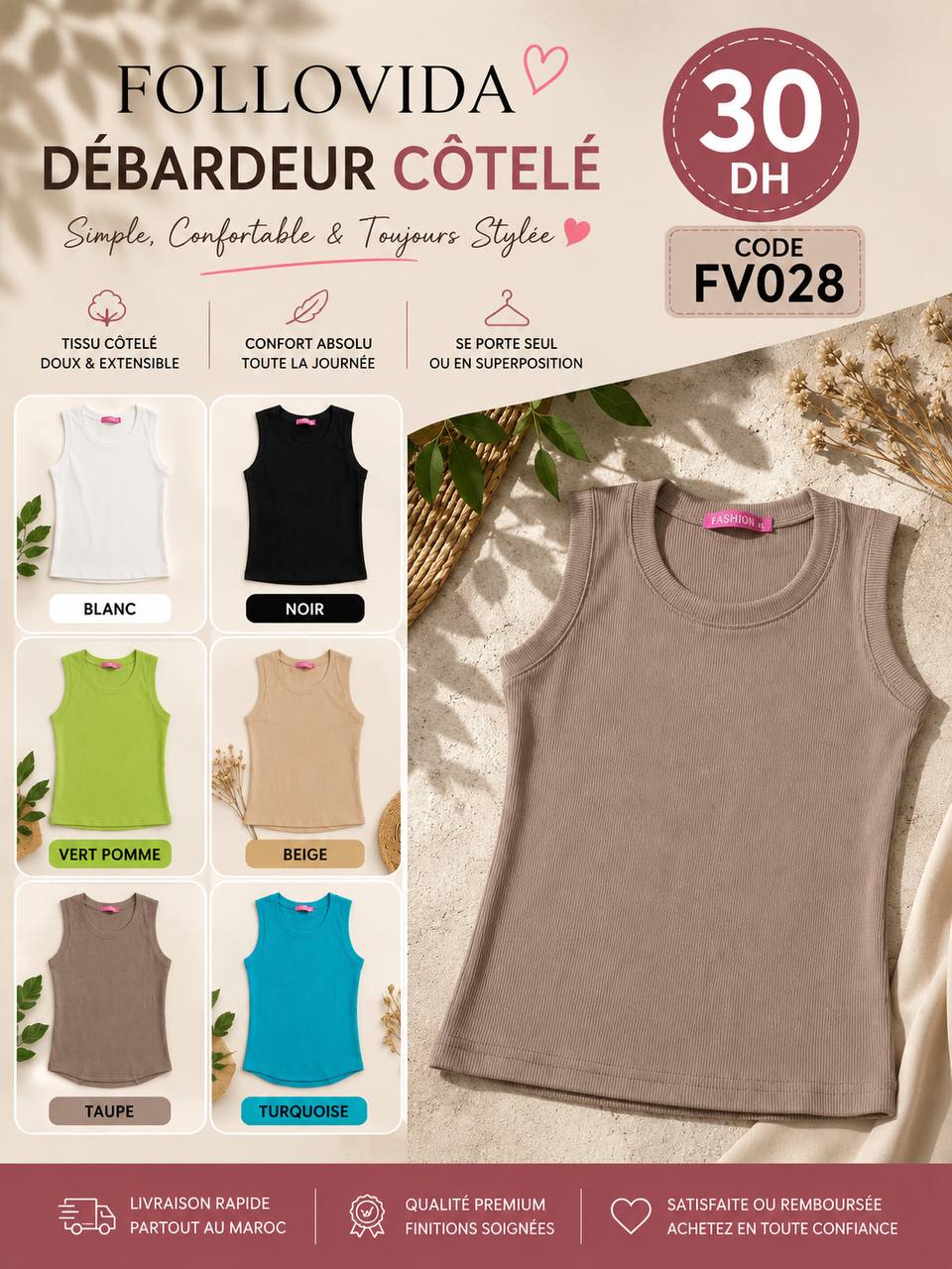 FV028 Débardeur côtelé - couleurs et prix