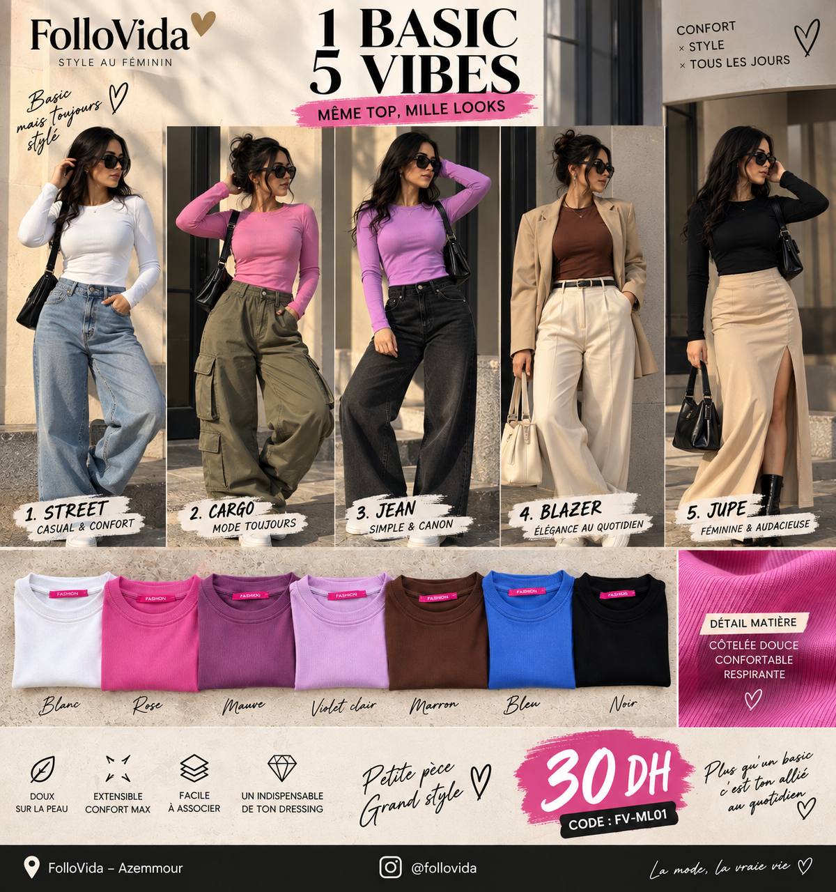 1 BASIC 5 VIBES — Top Côtelé Manches Longues