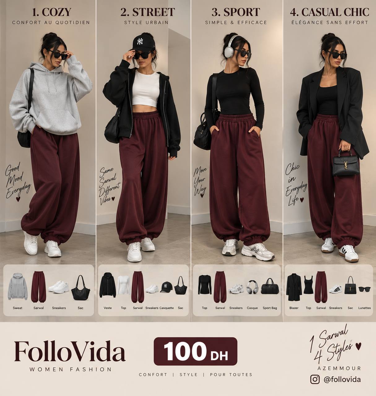 Sarwal Large – Bordeaux / Gris / Noir (1 Sarwal 4 Styles)