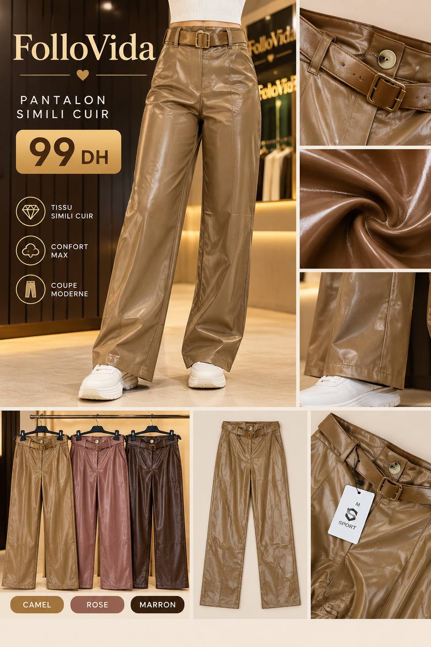 Pantalon Simili Cuir Large – Camel / Rose / Marron